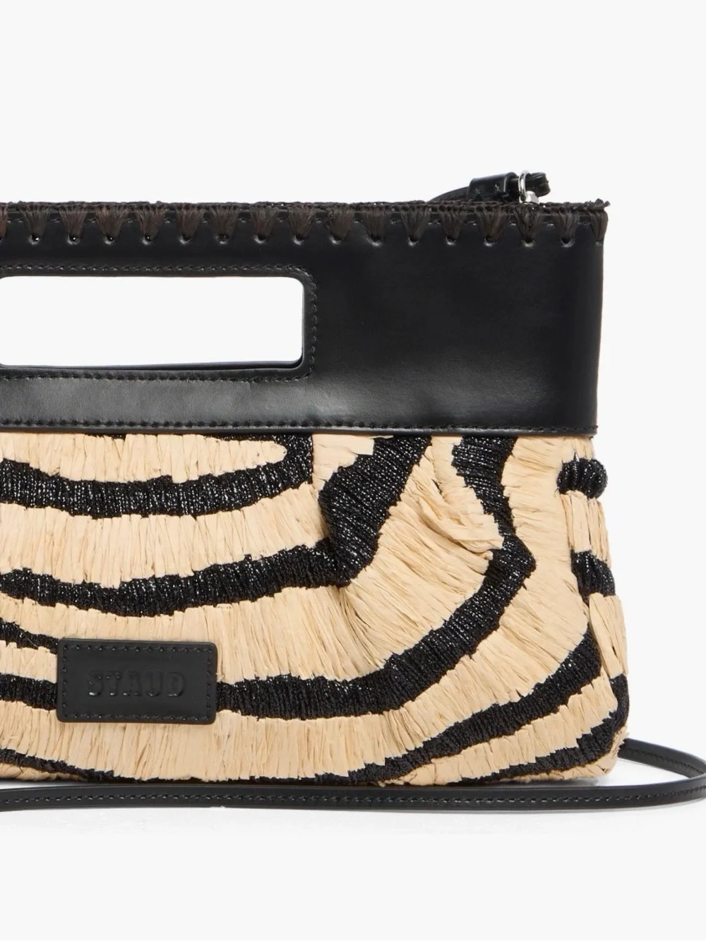 STAUD Black and Natural Zebra-Print Woven Shoulder Bag NWT